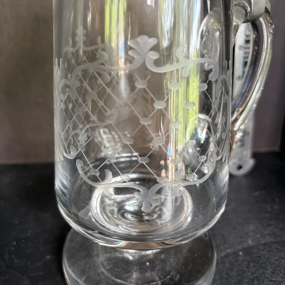 Antique Heinrich Beck Etched Glass Beer Stein Pewter Lid Mountain Goat Porcelain